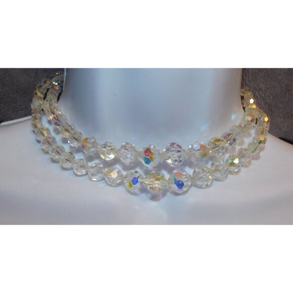 Vintage Aurora Borealis Crystal Beaded Double Strand Necklace - Picture 8 of 9